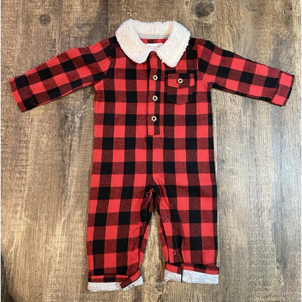 Mudpie‎ Baby Boys 0-3M Buffalo Plaid Romper Christmas Sherpa Collar NWT